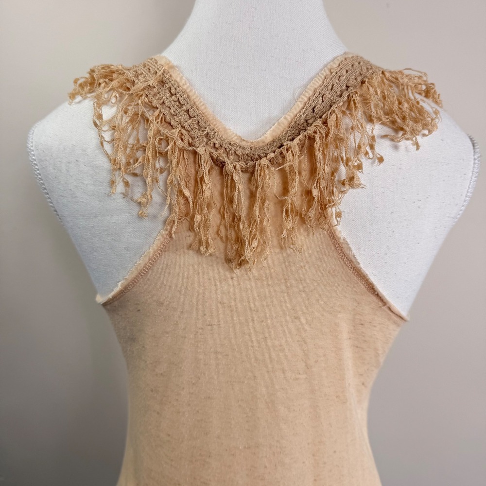 VTG. Free People Cream Slub Knit Racerback Tank Top Fringe Crochet Trim XS - Picture 5 of 9